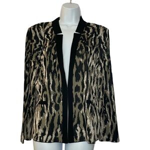 Ming Wang Knit Jacket with Notch Collar in Black Tan Cream Animal Print Size M